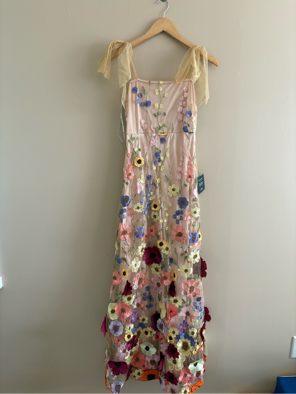 Lulus Thriving Poise Blush 3D Floral Embroidered Tie-Strap Maxi Dress Size Small - Picture 3 of 9
